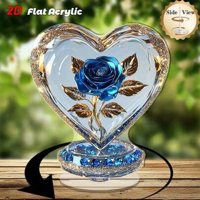 Regalo del Día de San Valentín, Decoración de rosa azul en forma de corazón de acrílico que gira en 2D - Decoración moderna para el hogar, adecuada para la sala de estar, el dormitorio, el baño, la cocina