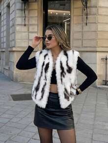 Colete Feminino De Luxo Branca Com Estampa Animal, Elegante, Felpudo E Macio, Ideal Para Festas De Carnaval, Saídas Noturnas, Streetwear Chique, Estilo Mafioso, Moda Antiga E Elegante. - Branco - Ver 6