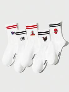 Marvel 5/3/1 双装情侣/男士/女士白色运动袜，饰有酷炫可爱的蜘蛛侠卡通图案，经典简约柔软舒适校园风中筒袜，个性化时尚透气吸湿排汗黑红双条纹袜，适合生日派对/户外运动/校园活动/节日聚会 - 白色 - 查看 1