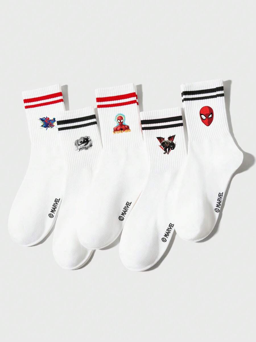 Marvel 5/3/1 双装情侣/男士/女士白色运动袜，饰有酷炫可爱的蜘蛛侠卡通图案，经典简约柔软舒适校园风中筒袜，个性化时尚透气吸湿排汗黑红双条纹袜，适合生日派对/户外运动/校园活动/节日聚会 - 白色 - 查看 1
