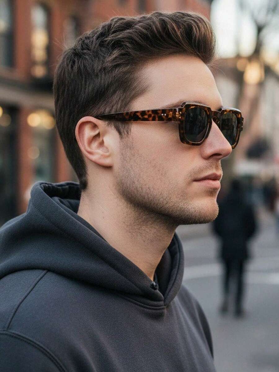 1副男士塑料方形小框复古铆钉豹纹撞色经典休闲日常户外旅行时尚酷炫嘻哈设计装饰时尚眼镜 - 彩色 - 查看 1