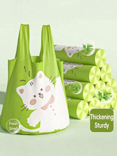 10/60pcs Roll Of Large Size Trash Bags With Cute Kitten Pattern, Drawstring Closure, Personalized Cat Print Design, Leak-Proof Green Garbage Bags - Durable & Portable Plastic Trash Bags For Kitchen, Bathroom, Bedroom, Living Room And Outdoor Use - Versatile Household Cleaning Essential