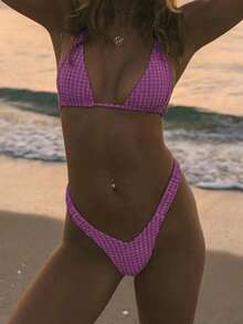 PEPPERMOLLY New Plaid Soft Halter Tie Back Cute Bikini, Women Summer Beach Fashion Swimwear Set, Rose Red - Hot Pink - View 6