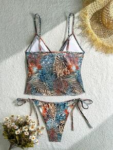 波西米亚风斑马纹豹纹加大码吊带比基尼泳衣，侧边系带丁字裤，高弹力半透明 - 霧霾藍 - 查看 2