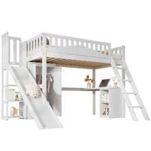 Bunk Bed, Children's Bed, With Safety Rail, Table And Wardrobe, Ample Storage Space, With Four-Step Ladder, Pine+MDF+Plywood, White, 90x200cm - White - View 1
