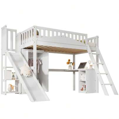 Bunk Bed, Children's Bed, With Safety Rail, Table And Wardrobe, Ample Storage Space, With Four-Step Ladder, Pine+MDF+Plywood, White, 90x200cm