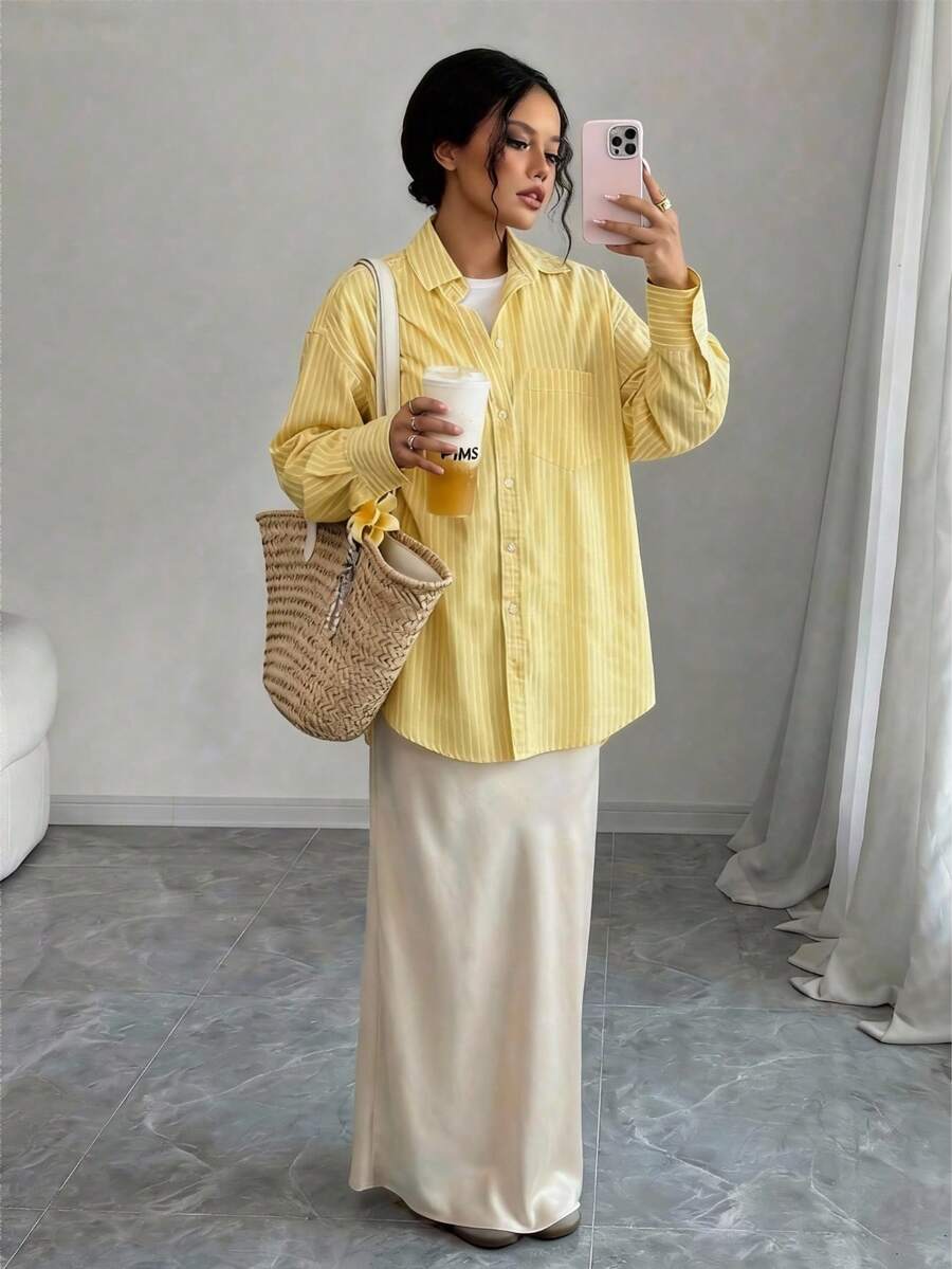 Women's Fashionable Fresh Lemon Yellow Striped Print Casual Shirt With Pockets, Simple Design For Walks, Commuting, Streetwear,