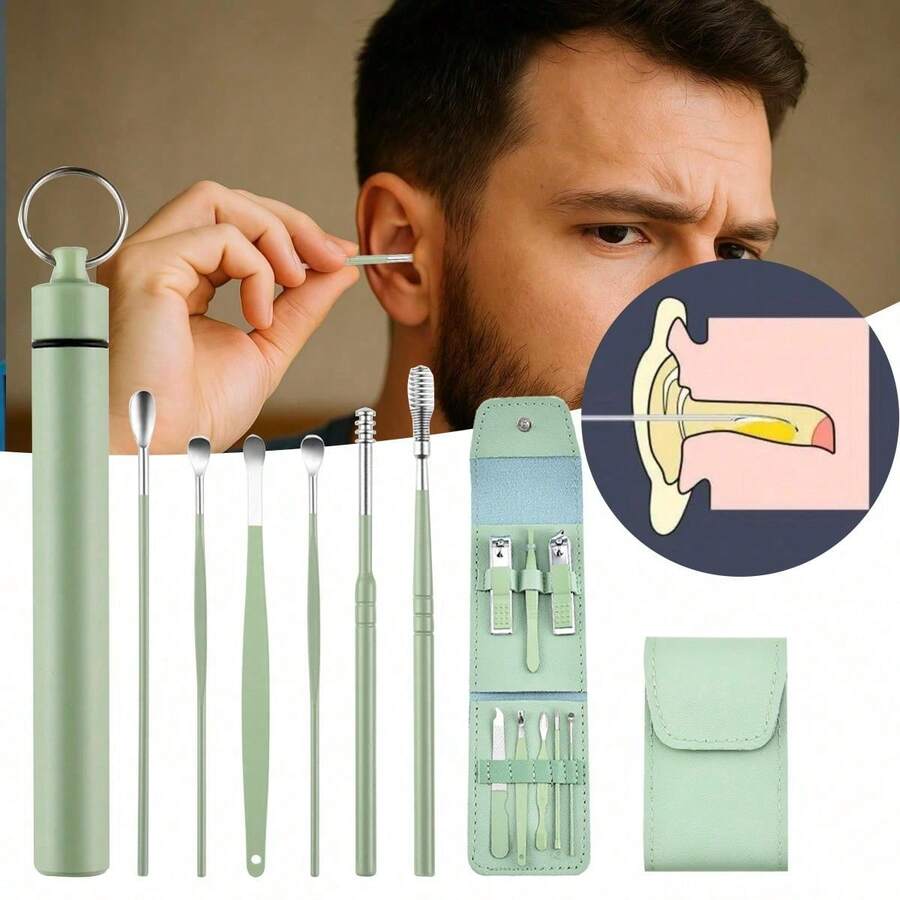 New 6 Pcs Ear Wax Removal Tool Set With Storage Tube, + 8 Pcs Nail Clipper Set - Xanh lá cây + Xanh lá cây - Xem 1