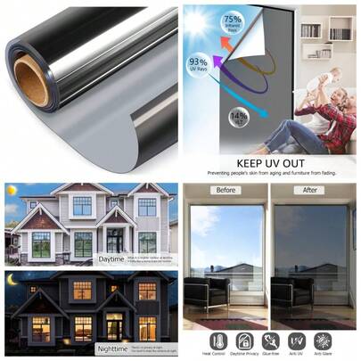 One Way Privacy Window Film Static Cling Sun Blocking Reflective Black Silver Tint For Heat Control Home Office Use 17.5 X 78.7 Inch