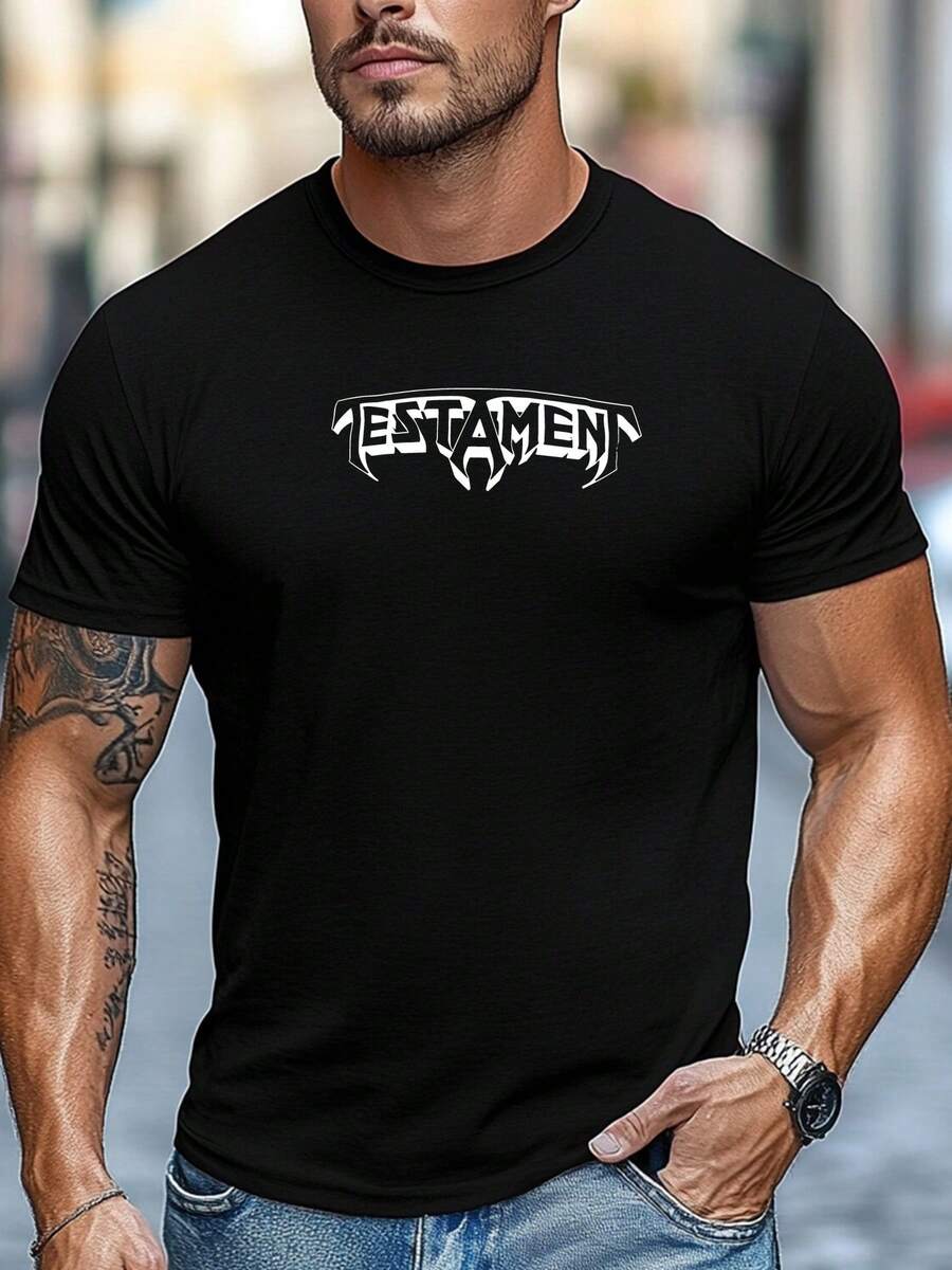 Camiseta Casual Gráfica para Hombre - Camiseta de Verano de Manga Corta con Cuello Redondo y Letras Blancas Negritas. Color sólido marrón. Ajuste Regular para Ropa Casual. Estilo de ropa urbana. Diseño minimalista. Material ligero. Top básico. Ropa para adultos - Negro - Ver 1