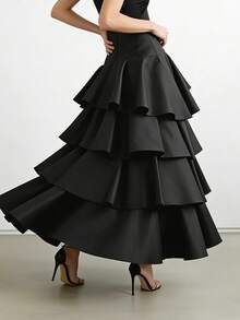 فستان ماكسي أسود للنساء من فوسلات مع تصميم طبقات وكشكشة غير متماثلة في الذيل وخصر عالي، مناسب لحفلات المساء، حفلات الزفاف، عيد الحب، الصيف، الكرنفال، ملابس الشاطئ، الحفلات، الخروج، العطلات - الأسود - مشاهدة 2