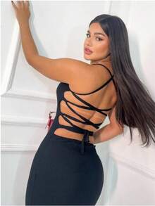 Elegant, Preppy-Style Suplex Dress With A Push-Up Effect And Lace-Up Back. - 黑色 - 查看 4