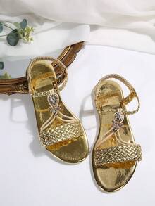 Giày sandal dệt màu vàng bóng cổ điển - Giày bệt quai ngang mắt cá chân bóng bẩy, phù hợp với váy dạ hội - Giày dự tiệc mùa hè phong cách Bohemian - Vàng - Xem 7