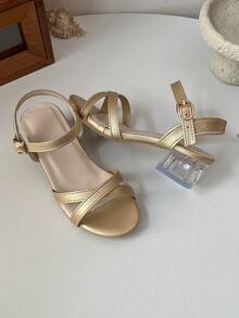 Sandalias de tacón alto elegantes para niñas, tallas 26-36 | Tacón grueso transparente y correa para el tobillo | Zapatos metálicos multicolor, adecuados para niña de las flores, comunión y ocasiones formales - Dorado - Ver 6