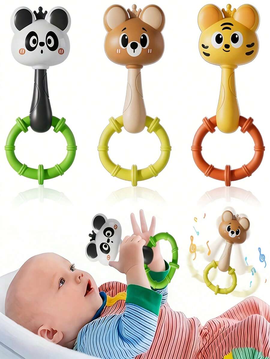 Multifunctional Rattle Toy, Cartoon Rattle, Newborn Grasping And Hearing Training Toy, For Chewing Early Education Rattle, Cute Bear, Panda, Tiger, Rattle Drum, Rattle Toy, Suitable For Infant Early Learning Toy, Christmas And Birthday Celebration, Can Enhance Grip Strength And Motor Skills, Promote Auditory And Visual Development, Early Education Toy