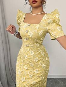 Spring/Summer Puff Sleeve Pearl Decor Button Long Jacquard Texture Dress, Elegant Lady Style, Yellow, Suitable For Daily, Date, Wedding - Yellow - View 5