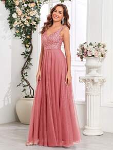 Đầm dạ hội dáng chữ A không tay cổ tim đính sequin lưới cho nữ mùa xuân và hè, đầm dự tiệc cưới thanh lịch, đầm tốt nghiệp, đầm dạ tiệc, đầm hóa trang lễ hội. - Màu Hồng  San hô - Xem 6