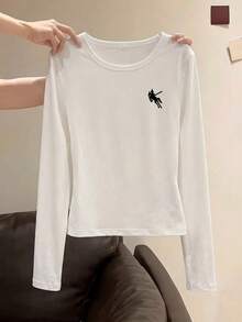 Women's Y2K Elegant Versatile Front Knight On Horse Sword Print Crew Neck Long Sleeve Ruched Fitted T-Shirt, Suitable For Summer And Autumn/Winter | Baddie | Y2K Sweet Girl Fitted White Top | Spring Fashion, Minimalist Style, Smooth Fabric, Fashionable Women's Blouse, Valentine's Day Gift For Girlfriend, Valentine's Day - White - View 5