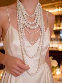 1pc Multi-Layer ABS Pearl Necklace, White Jewelry, Luxury Gift For Women, Suitable For Party, Wedding, Prom, School - White 7-layer Long Pearl Necklace - View 9