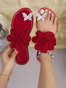 Women's Fashion Flat Sandals, Random Printed Fashionable PU Leather Applique, Suitable For Home Wear - Red - View 4