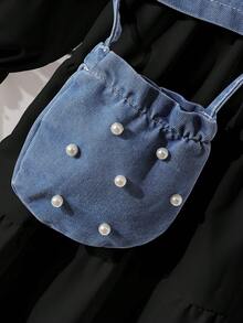 3件套女童串珠连衣裙套装：时尚串珠连衣裙 + 可爱串珠牛仔背心 + 时尚串珠包 - 黑色 - 查看 4