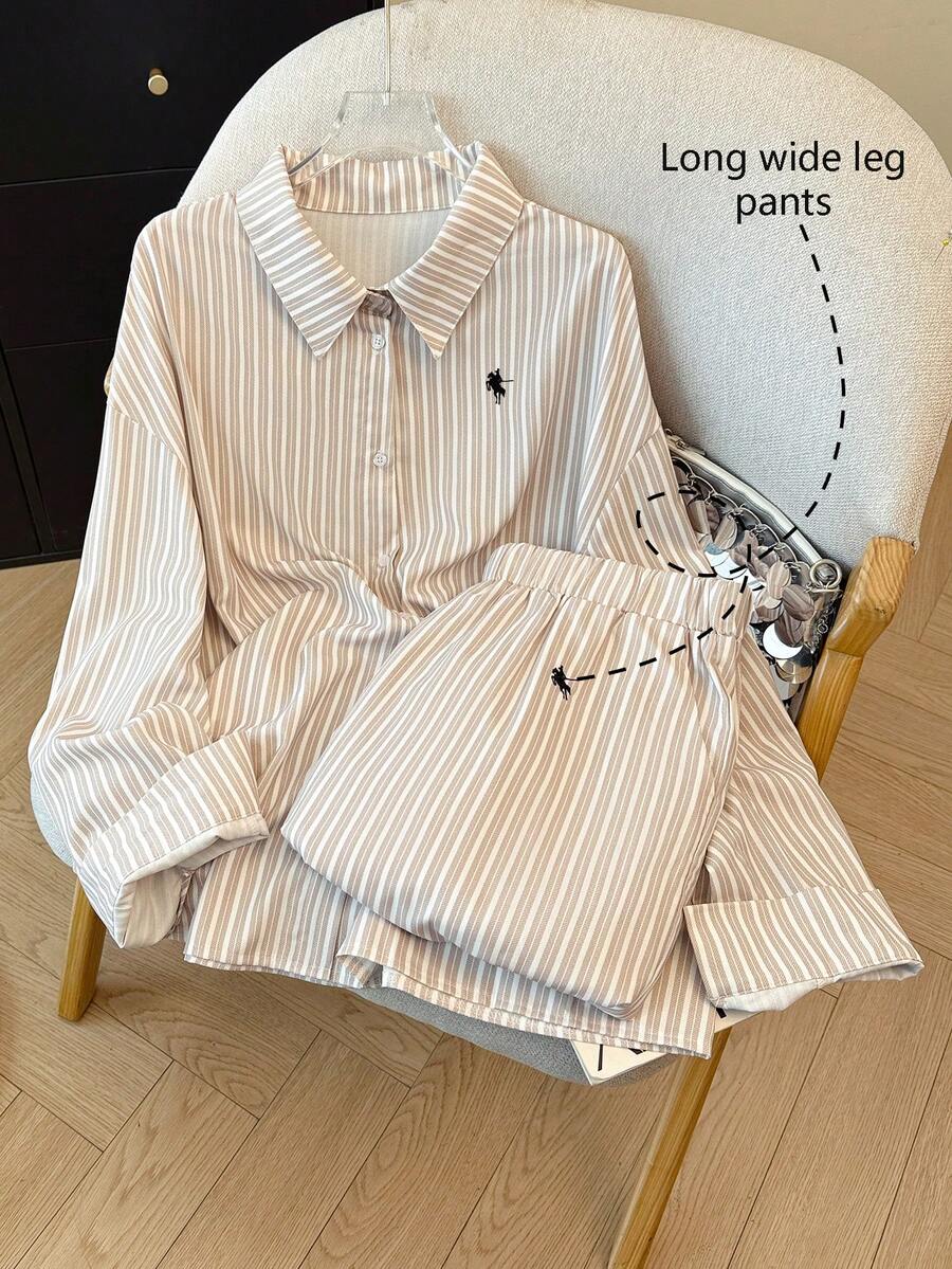PARARAL 大码女装时尚度假条纹刺绣长袖衬衫和阔腿裤休闲两件套，女士度假装，女士春季休闲套装，女士杏色条纹套装，女士夏季日常优雅穿着
