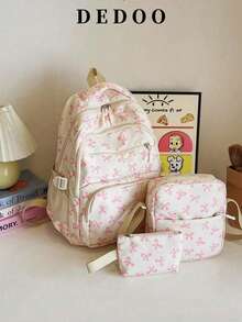 3个装米色尼龙蝴蝶结印花多口袋可折叠防水拉链背包，适合青少年、高中/大学生、女性日常使用，可用于上学、训练、通勤、购物、旅行、情人节礼物（随机字母标签），时尚背包带铅笔盒，可爱蝴蝶结背包，返校必备，大学背包，大学必备 - 粉色 - 查看 1