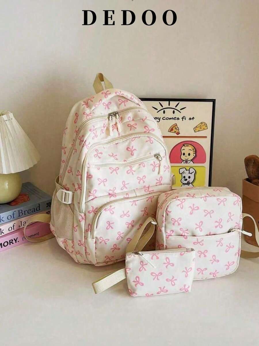 3个装米色尼龙蝴蝶结印花多口袋可折叠防水拉链背包，适合青少年、高中/大学生、女性日常使用，可用于上学、训练、通勤、购物、旅行、情人节礼物（随机字母标签），时尚背包带铅笔盒，可爱蝴蝶结背包，返校必备，大学背包，大学必备 - 粉色 - 查看 1