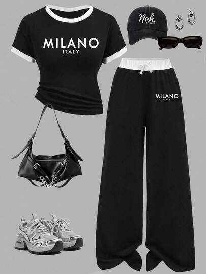 Tween Girl Letter Print Short Sleeve Top And Pants Set