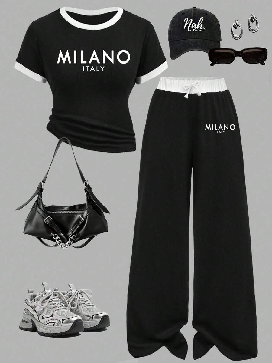 少女字母印花短袖上衣和裤子套装 - 黑色 - 查看 1