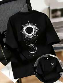 夏日月亮印花落肩T恤，女式上衣，适合日常穿着、外出、聚会、上学、参加音乐节、度假、通勤。可作为礼物送给家人、男朋友、女朋友、朋友，是女孩夏季服装的理想之选。 - 黑色 - 查看 2