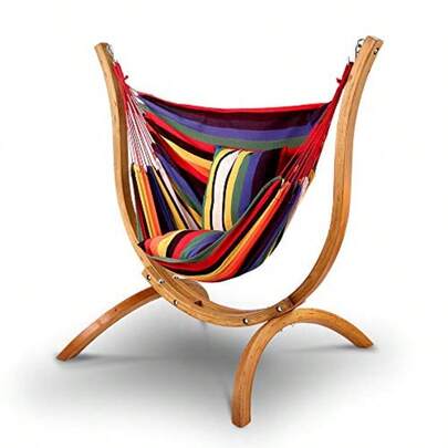 Hammock With Stand Wooden Single Hammocks Chair Bed Lounge Swing Chairs Sun Lounger Outdoor Furniture Indoor Travel Garden Accessories Pillow Adjustable Chain Length Colorful