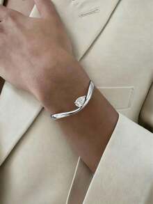 1pc Fashionable European-American Simple Copper Cubic Zirconia Adjustable Bangle Bracelet, Unisex Couple Daily Commute Accessory, Gifts For Holidays - 金子 - 查看 6