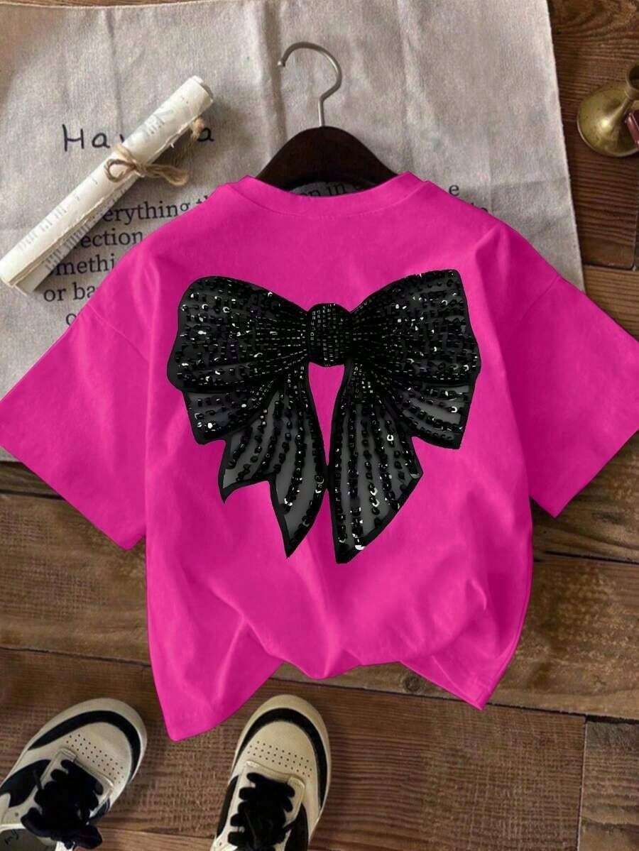 Versatile Casual Short-Sleeve T-Shirt With Round Neck And Delicate Bow Print - Basic Blouse - Màu Hồng Tươi - Xem 1