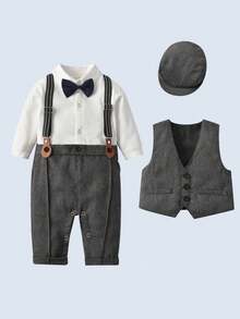 BOARNSEORL 2pcs Baby Boys Gentleman Outfit, Long Sleeve Romper With Bow Tie And Gray Vest, Fashionable & Cute For Birthday Party, Wedding, Christening, 1st Birthday Celebration - Dark Grey - View 2