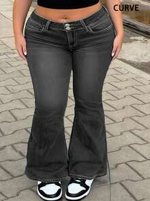 个性化美式复古喇叭裤，水洗做旧设计，大码女式休闲牛仔裤 - 深灰色 - 查看 7