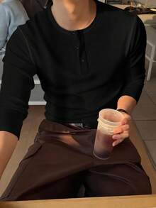 新款男士休闲经典罗纹亨利领轻薄百搭长袖T恤 - 黑色 - 查看 2