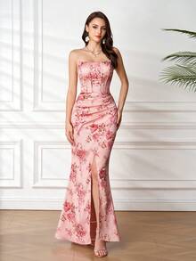 Romantic Floral Print Strapless Sexy Charming Fashion Mermaid Dress, Suitable For Prom, Birthday Party, Wedding Guest Spring - Coral Pink - View 1