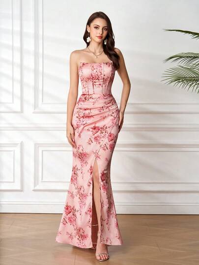 Vestido de sirena romántico con estampado floral sin tirantes, sexy y encantador, adecuado para baile de graduación, fiesta de cumpleaños, invitado de boda en primavera