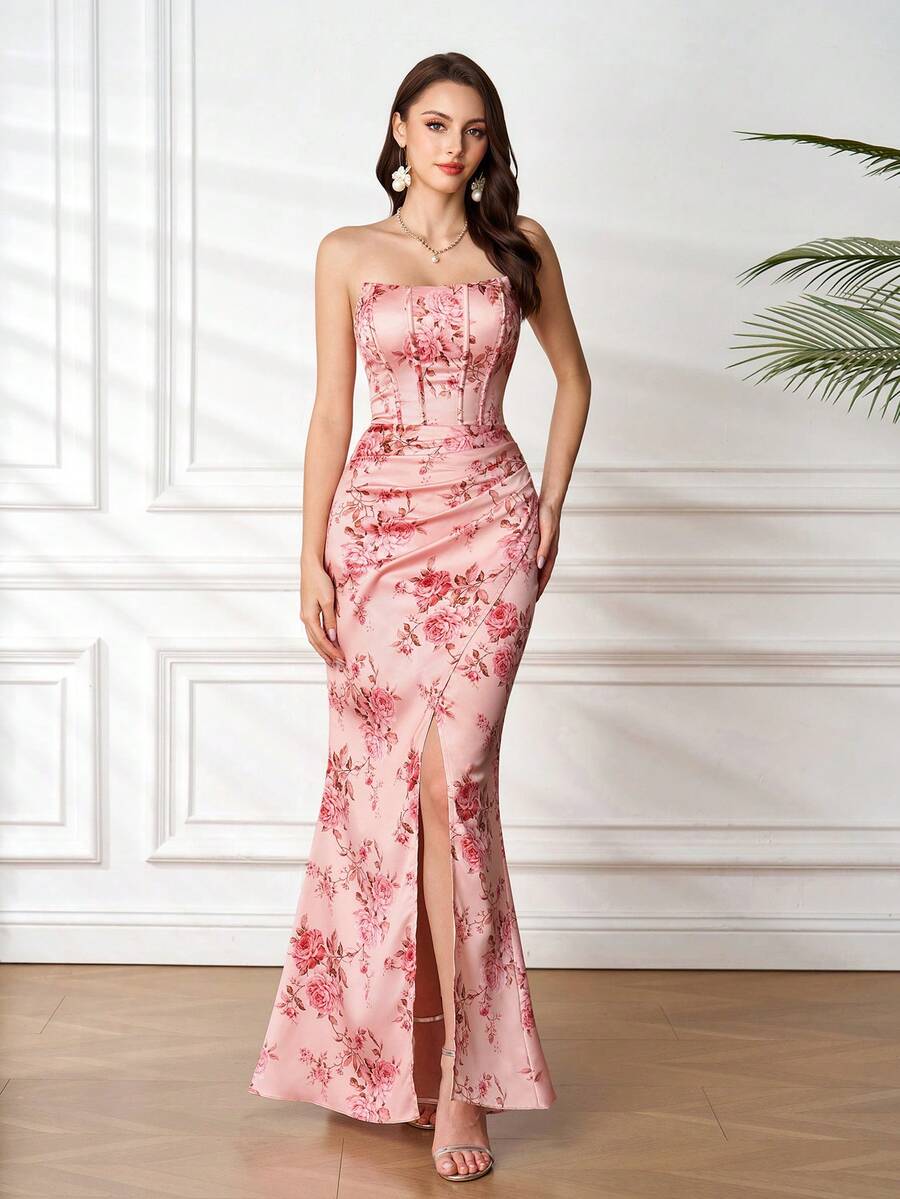 Romantic Floral Print Strapless Sexy Charming Fashion Mermaid Dress, Suitable For Prom, Birthday Party, Wedding Guest Spring - Coral Pink - View 1