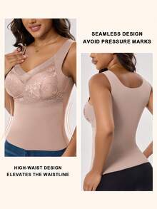 2pcs Lace, Deep Velvet, Warm Underwear For Women, Velvet-Lined And Thickened. Comes With Built-In Padding, No Need For A Bra, Double-Sided Velvet, Autumn And Winter Styl, Soft And Comfortable Sleeveless V-Neck Tops.Daily Wear, Thermal Set Women - Multicolor - View 6