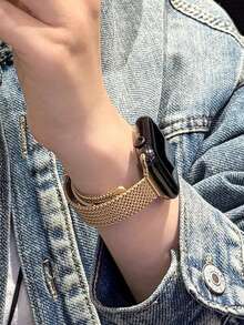 1pc Compatible With Apple Watch Band Women's Apple Watchband 14mm Narrow Metal Magnetic Strap Gold Is Compatible With Apple Watch Size 46/45/41/40/42/38/49/44mm, Suitable For Apple Watch SE/S11/10/9/8/7SE4/5/6/3/2/1 Ultra 3/2/1, Weave Pattern Design, Advanced Apple Watchstrap Autumn And Winter Thin Metal Smart Watch Band.AppleWatch Accessories,Gold Watch Band