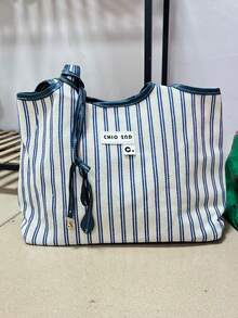 Back To School Season Korean Style Blue & White Striped Tote Bag, Large Capacity Casual Shoulder Bag For Daily, Commute, Shopping, Versatile - Multicolor - View 3