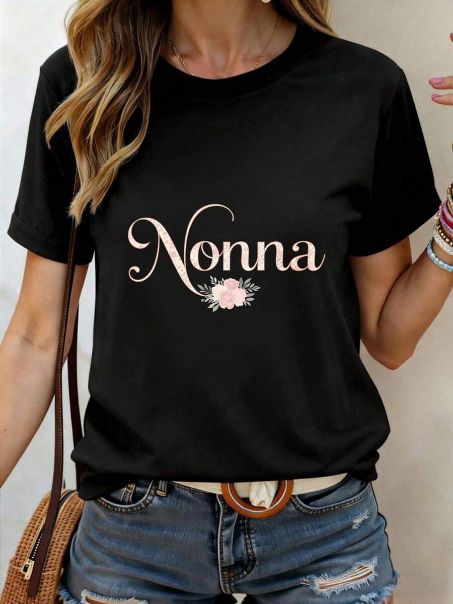 Sports Event Printed T-Shirt Nonna Grandmother Shirt Women Floral Design White T-Shirt Mother Gift For Grandma Italian Family Fashion Top Suitable For Sports Activitiesholiday Partiesoutingssports - 黑色 - 查看 1