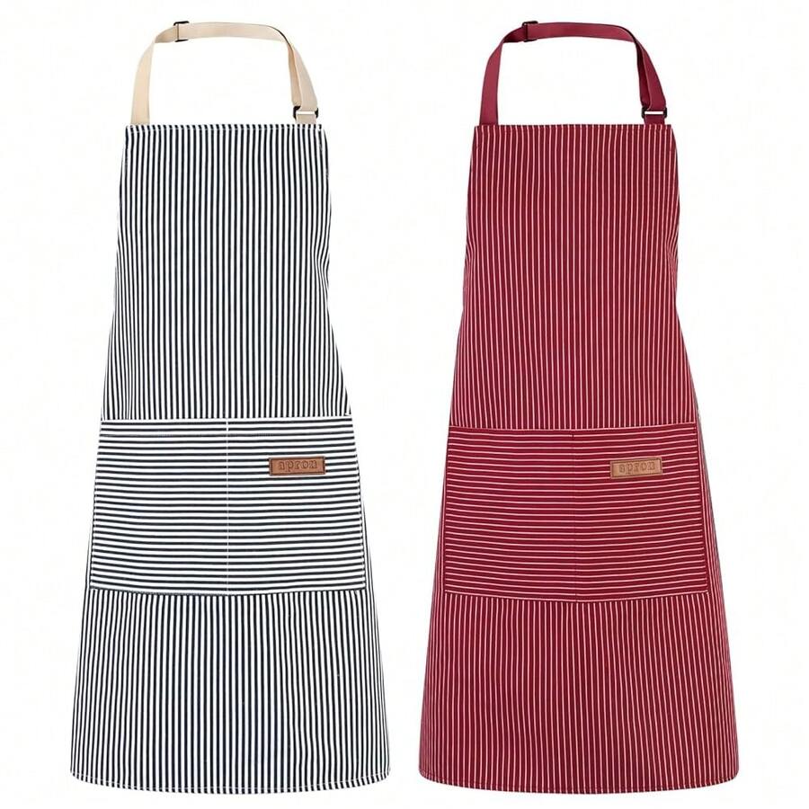 2 Pack Kitchen CooFKing Aprons, Adjustable Bib Chef Apron With 2 Pockets For Women Men, For CooFKing, Cleaning,Blue+Red - Blue+Red - View 1