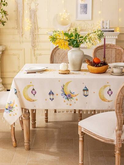1 Stück elegante beige Tischdecke, mit goldenem Mond, Blumen, geometrischen Mustern, Laternendesigns, rechteckige Form, Bambustextur, beige Quastendekor, waschbar, geeignet für Esstisch, Couchtisch, Schranküberdeckung, Heimdekoration, Zusammenkünfte, Dinnerpartys, arabische Stil Feiern, Geschenke
