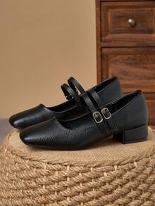 MonaNise 女士3厘米布面包跟黑色时尚百搭玛丽珍低跟粗跟优雅鞋 - 黑色 - 查看 5