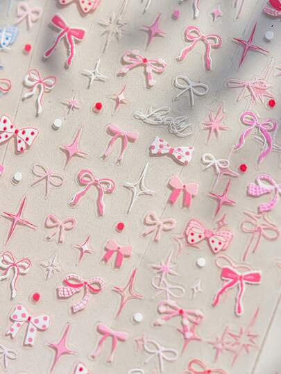 1pc Pink Starry Sky Bow Heart Ribbon Tie Nail Sticker, 5D Romantic Starry Sky Self-Adhesive Nail Art Sticker, Suitable For Women's Delicate DIY Nail Art Decoration Nails Nail Supplies Nail Stickers