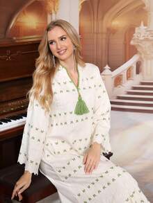 2026 New Style Ramadan Traditional Elegant Embroidered Butterfly Abaya Dress, Green Tassel V-Neck Eid - White - View 8