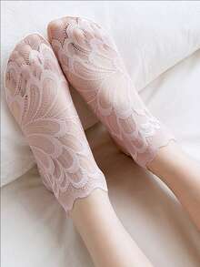 5 Pairs Fashion Feather Lace Ankle Socks Women Breathable Socks Non Slip Summer Invisible Sheer Mesh Solid Color Casual Socks - Multicolor - View 3